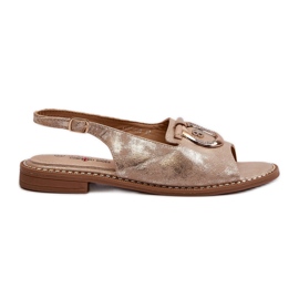 Elegantne ženske sandale sa zlatnim ukrasom na ravnu petu, zlatne S.Barski KV27-053