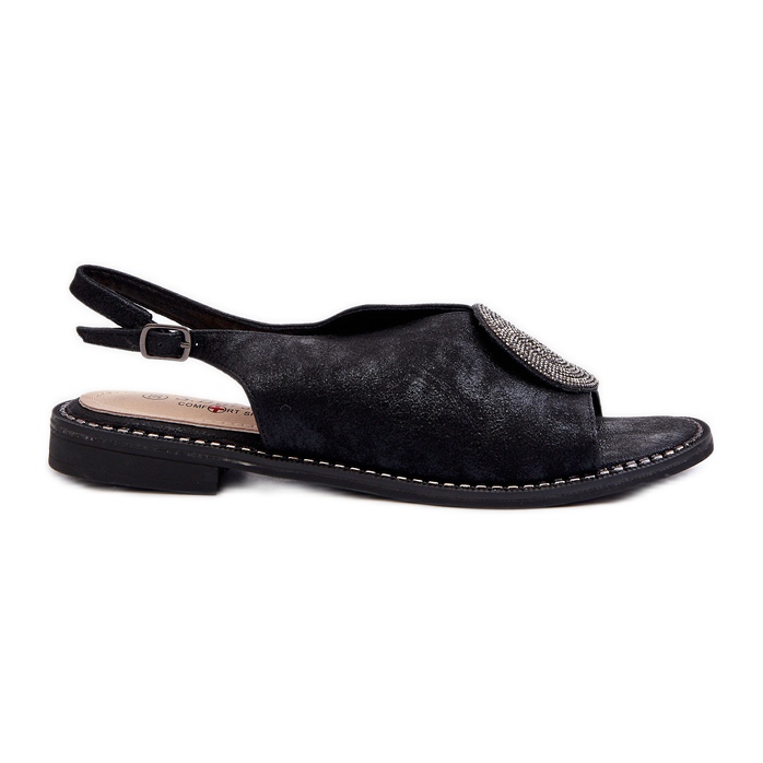 Ženske sandale s ukrasom na ravnu petu S.Barski KV24-057 crne crno