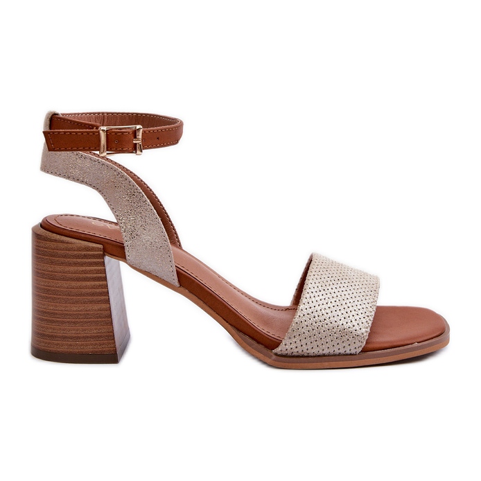 Ženske sandale na visoku petu od eko brušene kože, zlatne ronvije zlatna