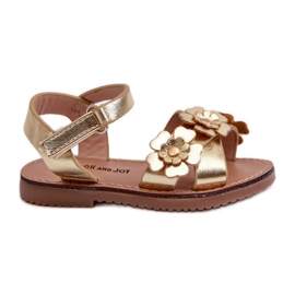 Dječje sandale ukrašene cvijećem, kopčaju se na čičak, zlatna fagossa zlatni