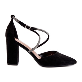 Cipele na visoku petu od eko brušene kože s kubičnim cirkonijem, crna Lagra