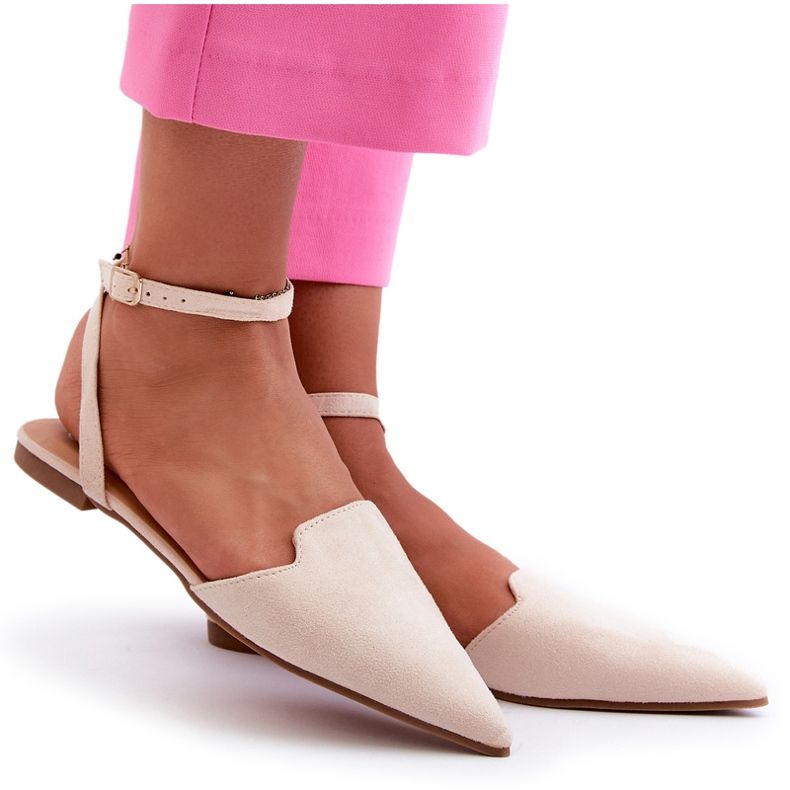 Balerinke od eko brušene kože na vezanje sa špicastim prstima svijetlo bež Ellesara