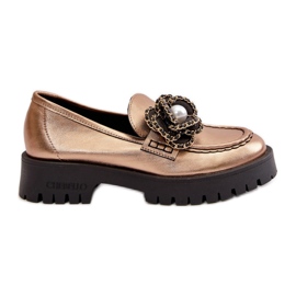 Ženske kožne mokasine ukrašene cvijetom, zlatne CheBello 4520 zlatna