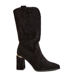 Ženske ažurne čizme na visoku petu sa špicastim vrhovima, eko antilop crna Nevithra