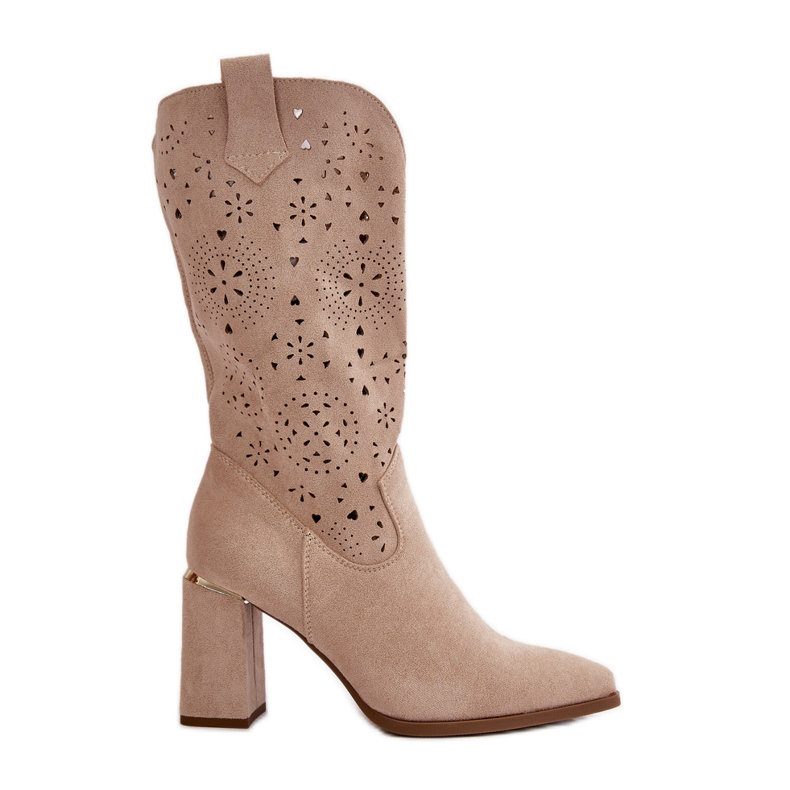 Ženske ažur čizme na visoku petu sa špicastim vrhovima, eko antilop bež nevithra