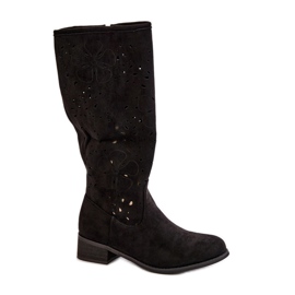 Ažurirane ženske čizme na nisku petu od eko antilop kože kopčaju se patentnim zatvaračem crne orhideje crna