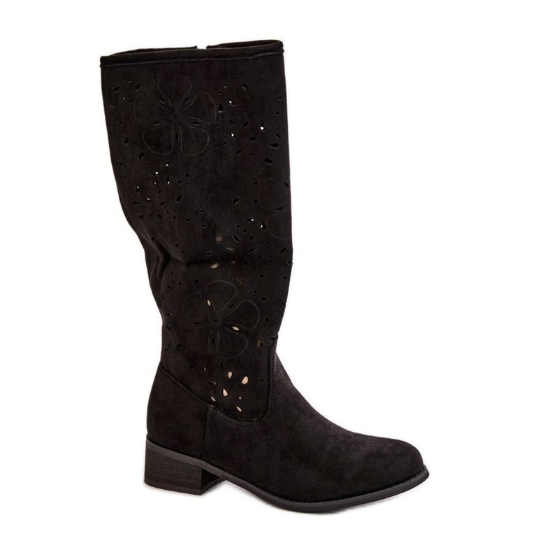 Ažurirane ženske čizme na nisku petu od eko antilop kože kopčaju se patentnim zatvaračem crne orhideje crno