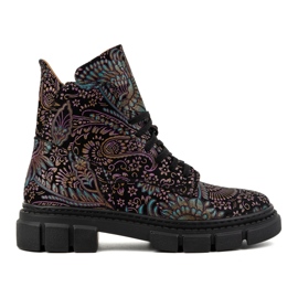 Olivier Ženske visoke kožne gležnjače na vezanje s printom 1227, crne višebojan