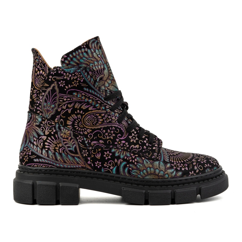 Olivier Ženske visoke kožne gležnjače na vezanje s printom 1227, crne raznobojna