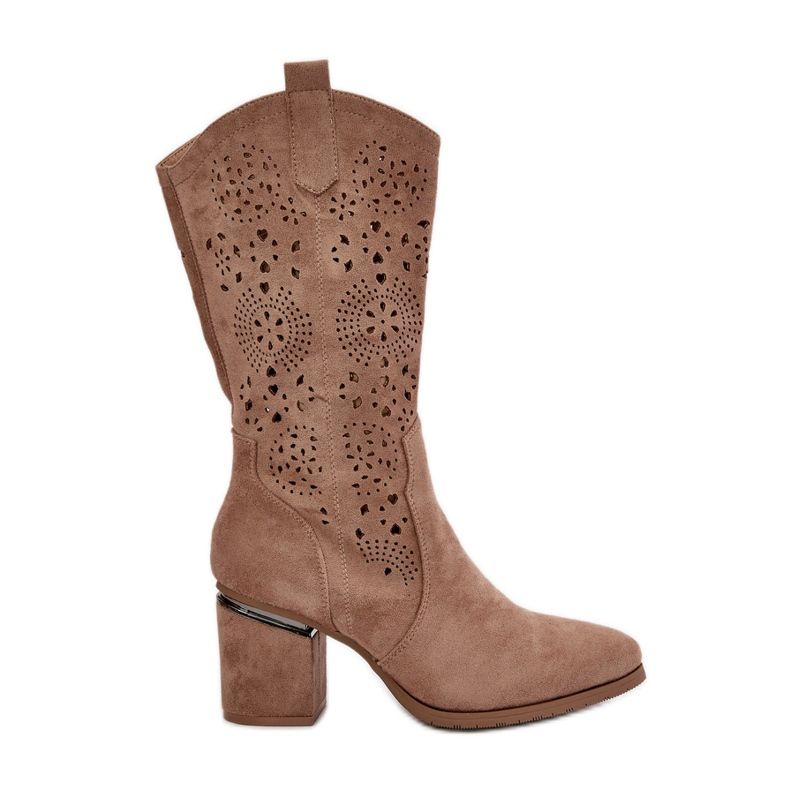Ženske ažurne kaubojske čizme na visoku petu od eko brušene kože bež S.Barski HY42-028