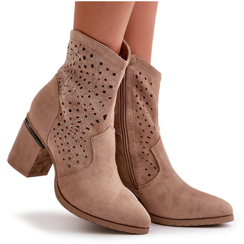 Ukrašene ažur ženske gležnjače od eko brušene kože bež S.Barski HY42-029