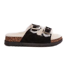 Ženske papuče japanke s kopčama i krznom, crne Ezilena crna