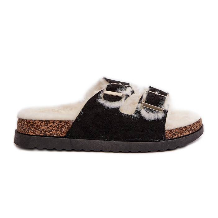 Ženske papuče japanke s kopčama i krznom, crne Ezilena crno