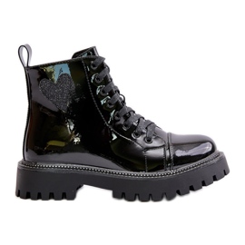 Lakirane ženske gležnjače s patentnim zatvaračem i ukrasnim srcem, crne Obeena crno