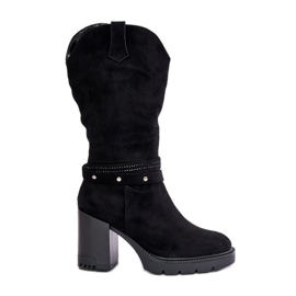 Jezzi Ženske tople čizme na visoku petu do sredine lista, crne Ivanelis crna