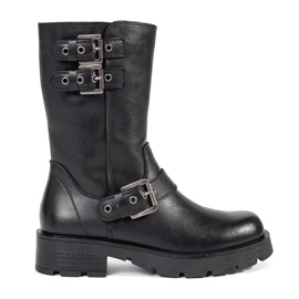 Crne kožne ženske gležnjače na platformu ukrašene Sergio Leone prugama crna