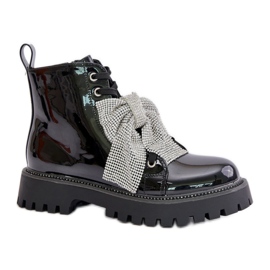 Ženske lakirane gležnjače s crnom mašnom crna