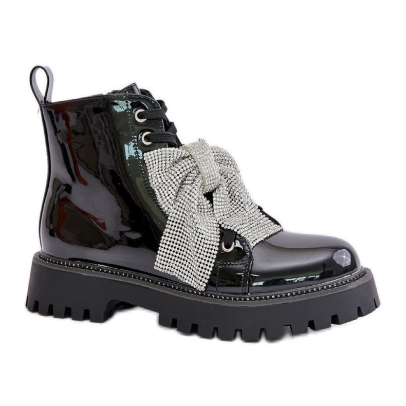 Ženske lakirane gležnjače s crnom mašnom