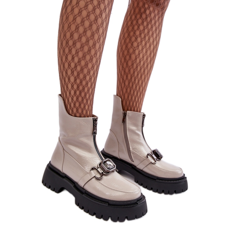 Ženske ravne čizme svijetlo sivi lak siva