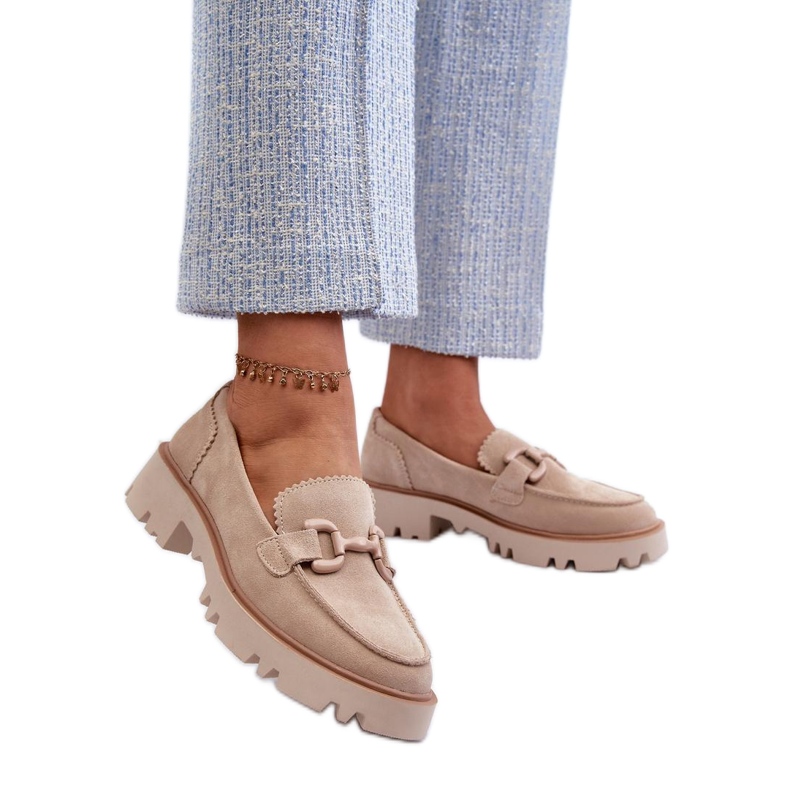 Ženske mokasine od brušene kože s bež ukrasom
