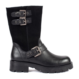 Crne kožne ženske gležnjače na platformu ukrašene Sergio Leone prugama crna