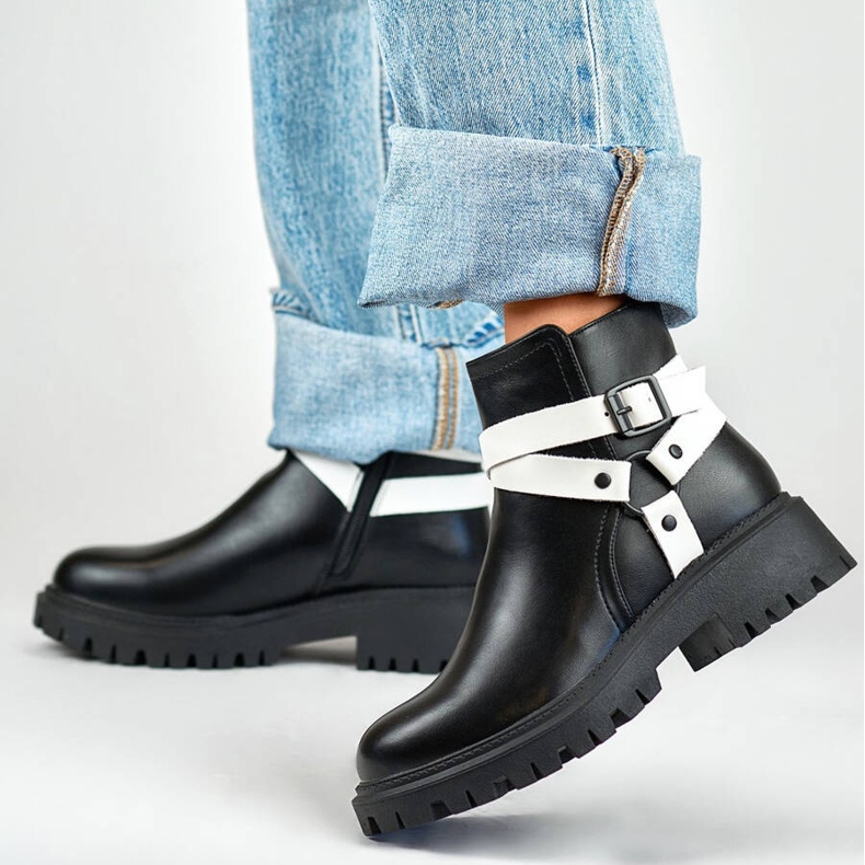 Ženske izolirane radne čizme s remenom, crne 250043BW-PU bijela