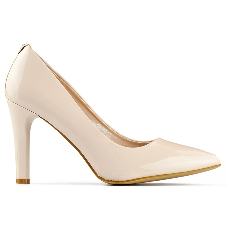 Lakirane bež ženske salonke s udobnom petom, elegantne bež ženske cipele