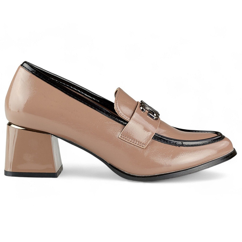 Bež lakirane cipele s niskom petom, ženske cipele s visokom petom