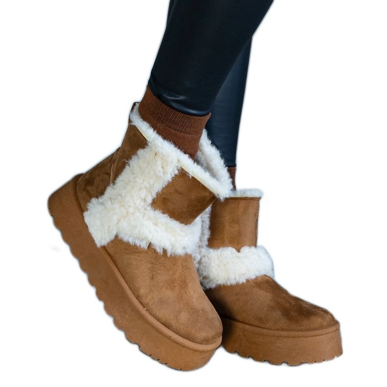 Petersove čizme za snijeg s platformom od smeđe eko antilop kože ukrašene krznom smeđa