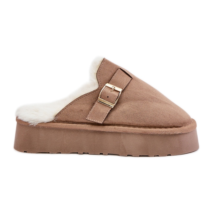 Ženske papuče na debelom potplatu s krznom i kopčom, tamno bež Linneola
