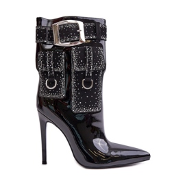 Ukrašene gležnjače od lakirane eko kože s crnom visokom petom crna