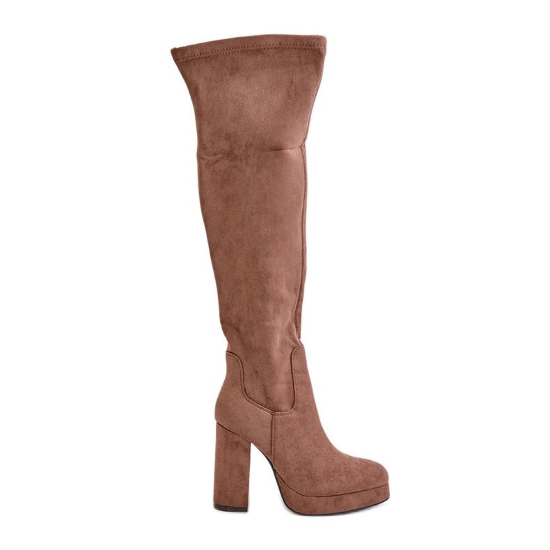 Čizme na visoku petu i platformu s gornjištem iznad koljena od tamno bež zistarije ekološke antilop kože
