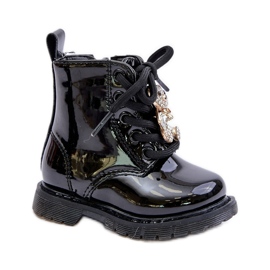 Izolirane lakirane dječje gležnjače s medvjedićem i patentnim zatvaračem, Black Enchanta crna