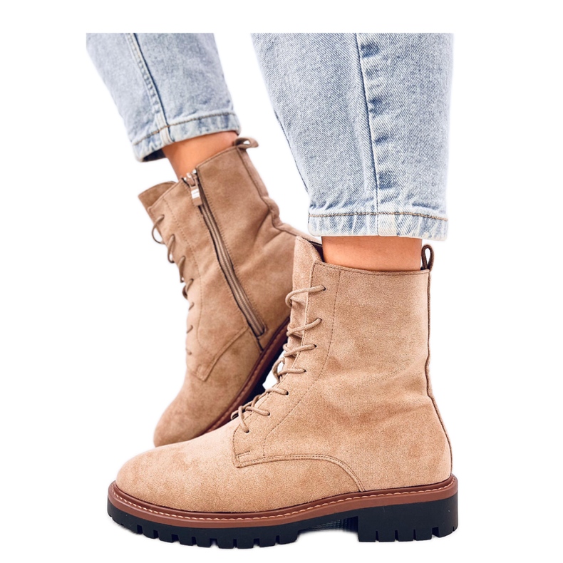 Kaki čizme od brušene kože na vezanje bež