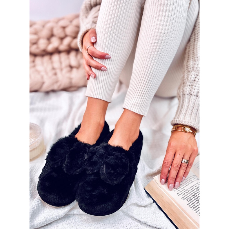 Krznene papuče s mašnom Emres Black crno