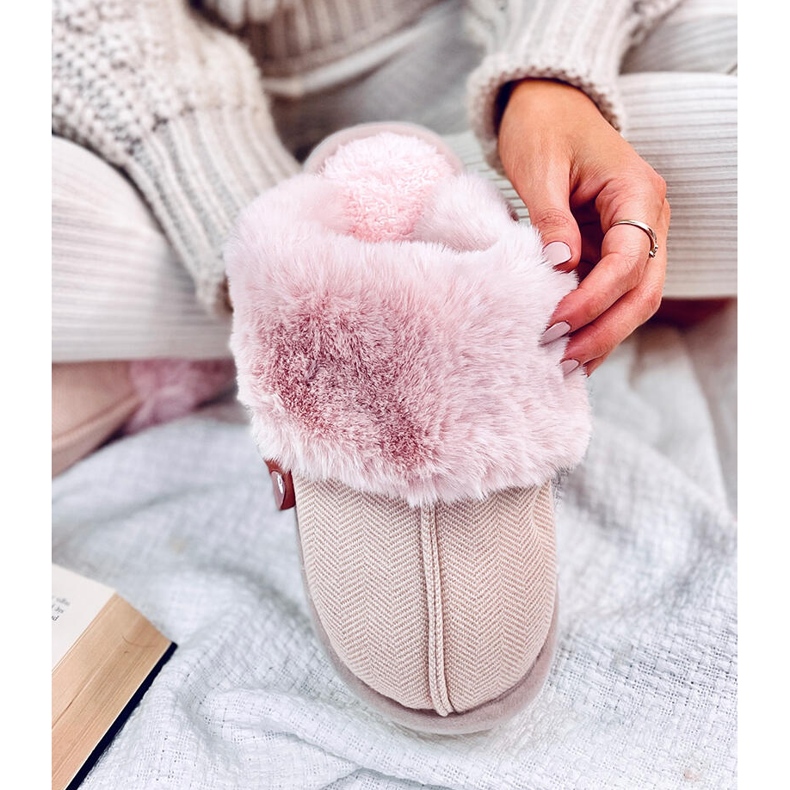 Allens Powder Pink papuče riblja kost s krznom ružičasta