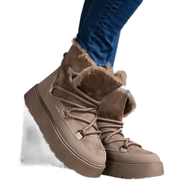 Tamno bež ženske čizme za snijeg s platformom i krznenom postavom