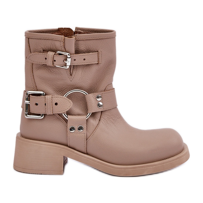 Kožne ženske čizme na nisku petu s remenčićima Zazoo 3644 Bež