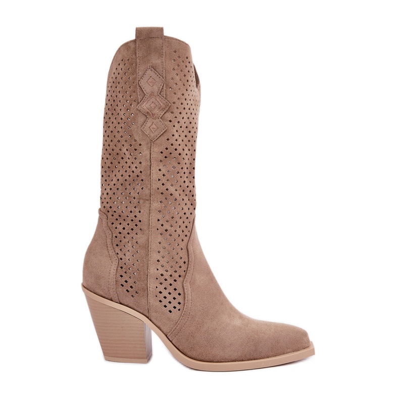 Ažur kaubojske čizme na visoku petu, tamno bež