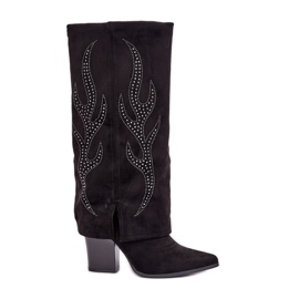 Ukrašene čizme s okrenutim gornjištem na visoku petu, crne crna
