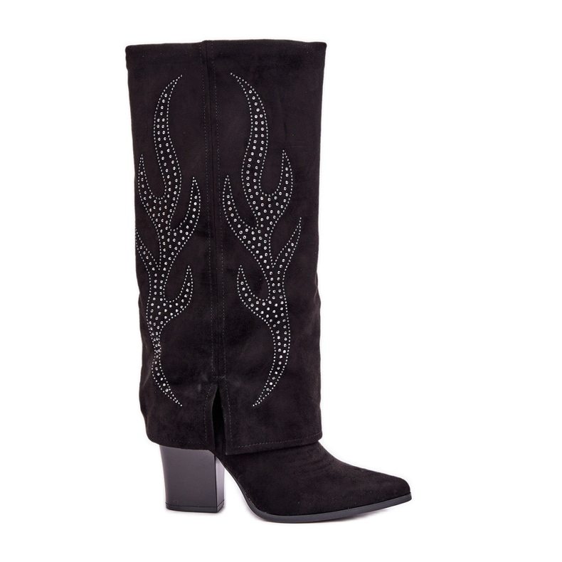 Ukrašene čizme s okrenutim gornjištem na visoku petu, crne crno