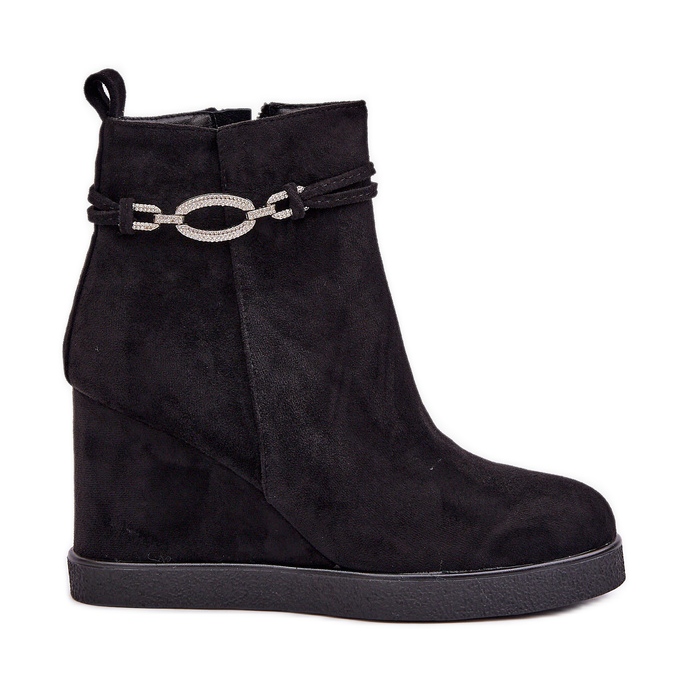 Gležnjače na wedge s ukrasnim remenom, crne crno