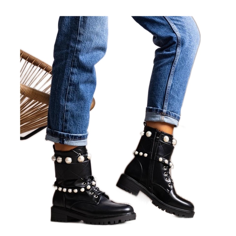 Solea Crne ženske gležnjače na vezanje s biserima crno