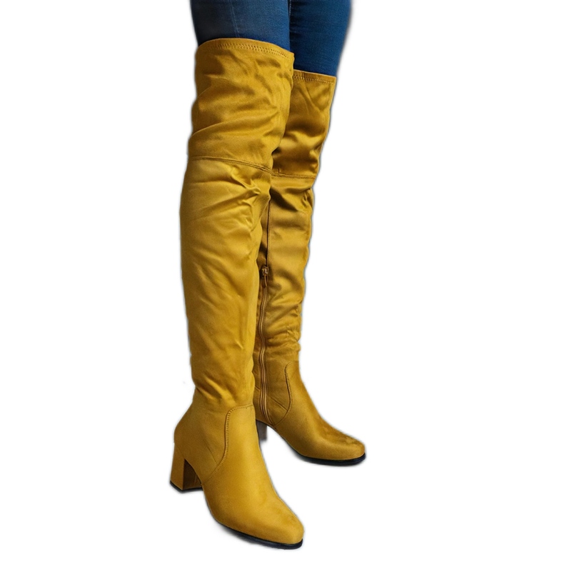 Žute čizme preko koljena od eko brušene kože žuta boja