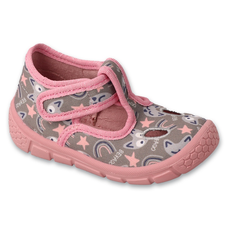 Befado roze i sive dječje papuče na čičak 630P017 s motivima životinja siva