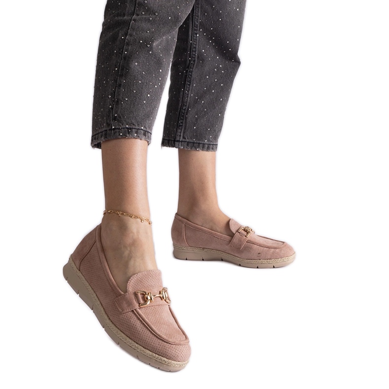 Ružičaste ženske mokasine s Eco Suedeom s lancem ružičasta
