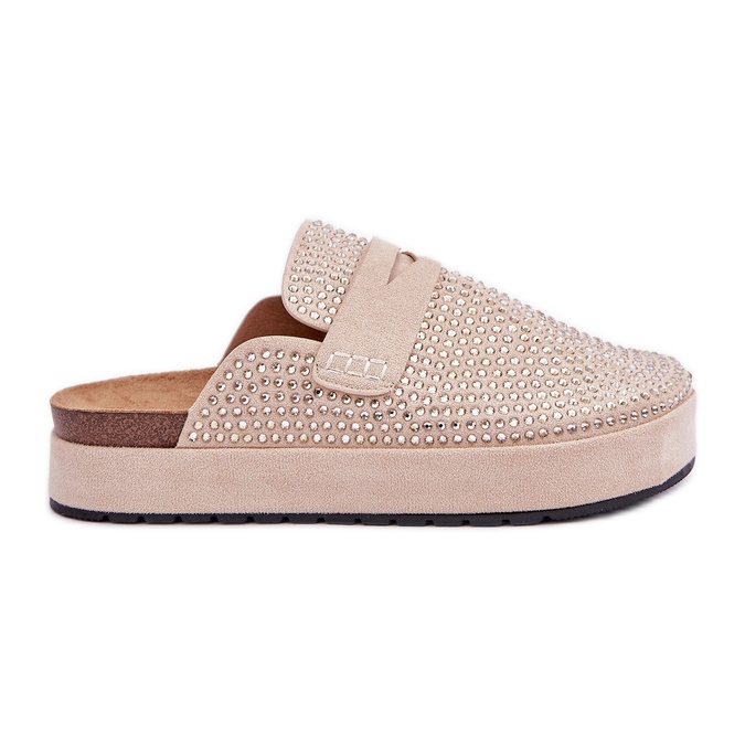 Ženske papuče ukrašene cirkonima na platformi bež