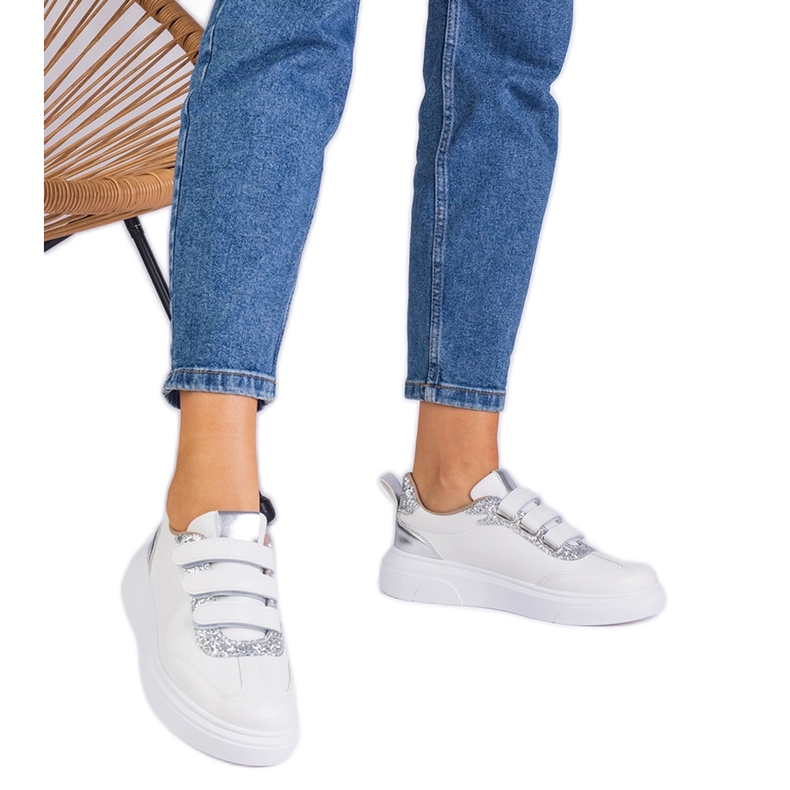 Ženske bijele i srebrne tenisice za čičak ukrašene sjajem bijela