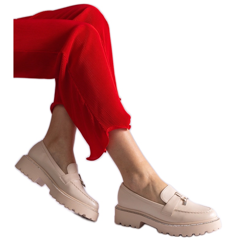 Beige Eco -leather Loafers ukrašen cirkonima bež