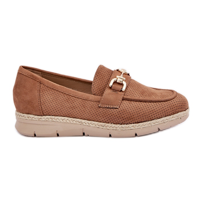 Openwork Loafers sa zlatnim detaljima i pletenica s jutama smeđa